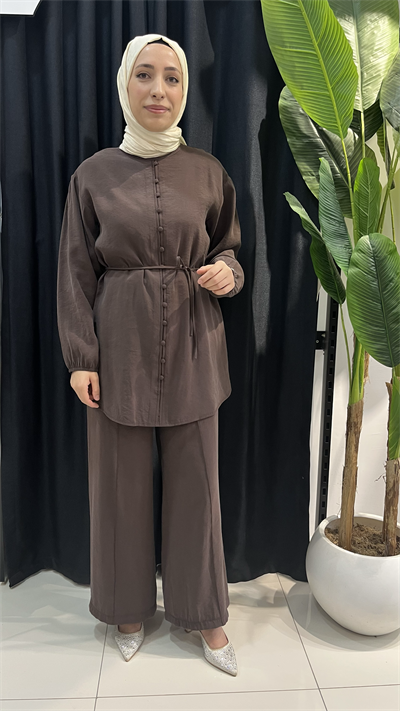 Armine Trend Pantolonlu Önü Düğmeli Takım 26YT678 - Kahverengi