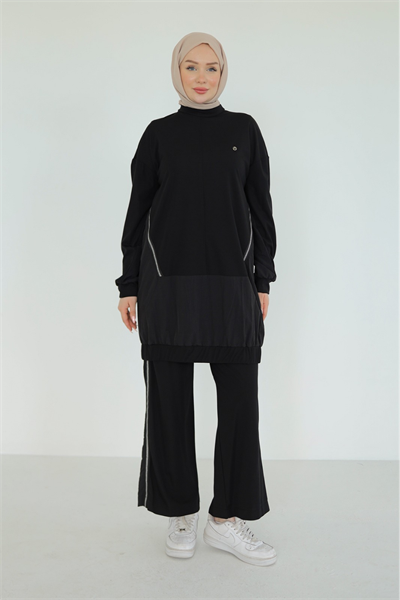 Armine Trend Paraşüt Kumaş Garnili Takım 25YT623 Siyah