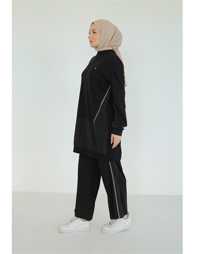 Armine Trend Paraşüt Kumaş Garnili Takım 25YT623 Siyah