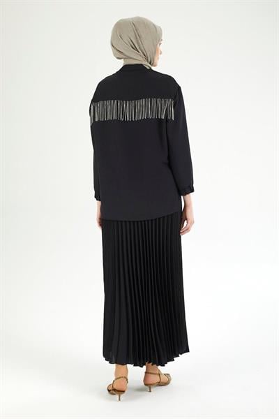 ARMİNE TREND Pileli Etekli Kolları Lastikli Belden Kurdele Detaylı Etekli İkili Takım-SİYAH 25YT656