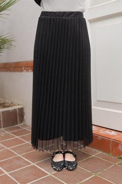 ARMİNE TREND Pliseli Sim Desenli Etek-Siyah 25YT101