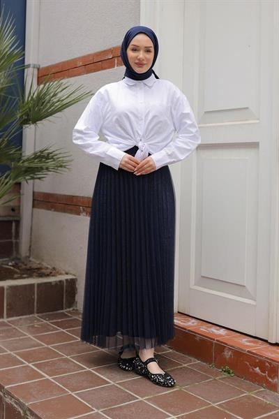 ARMİNE TREND Pliseli Sim Desenli Etek-LACİVERT  25YT101