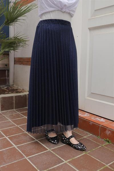 ARMİNE TREND Pliseli Sim Desenli Etek-LACİVERT  25YT101