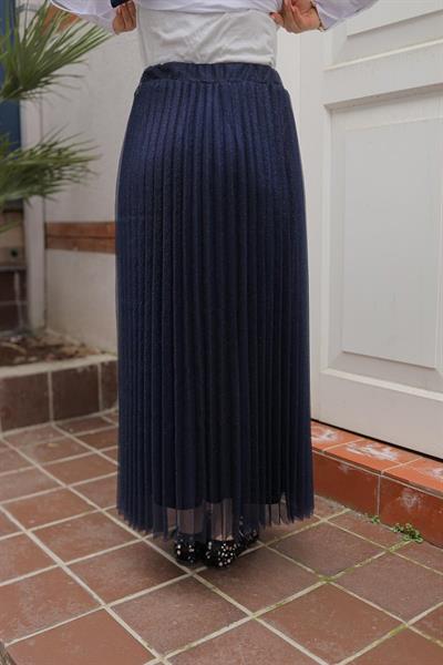 ARMİNE TREND Pliseli Sim Desenli Etek-LACİVERT  25YT101