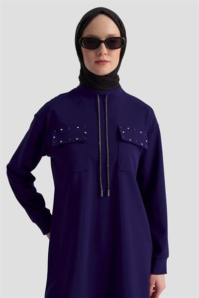 Cep Kapağı Taş Detaylı Taşlı Bağcıklı Crep Tunik Morcivert 25KT451 Armine Trend