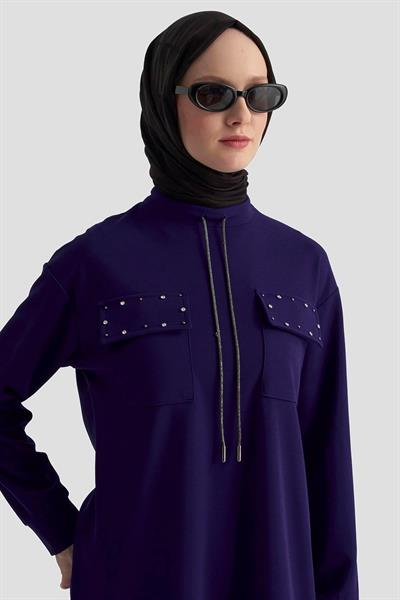 Cep Kapağı Taş Detaylı Taşlı Bağcıklı Crep Tunik Morcivert 25KT451 Armine Trend