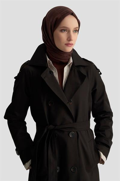 Çift Düğme Detaylı Belden Bağlamalı Trençkot Siyah 25KT713 Armine Trend