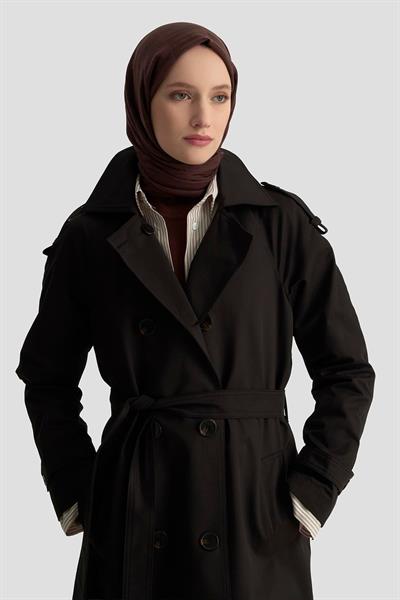 Çift Düğme Detaylı Belden Bağlamalı Trençkot Siyah 25KT713 Armine Trend