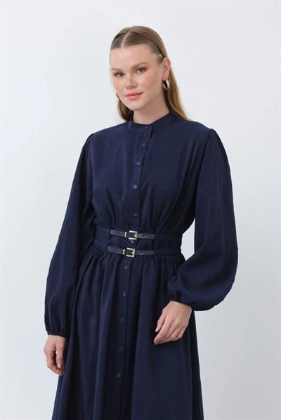 ELORA BELİ KEMER DETAYLI TENSEL KUMAŞ ELBİSE LACİVERT 
