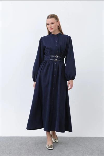 ELORA BELİ KEMER DETAYLI TENSEL KUMAŞ ELBİSE LACİVERT 