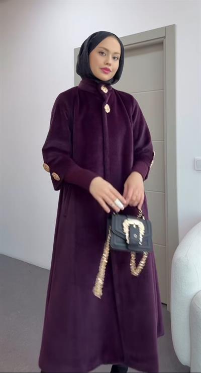 Gold Düğme Detaylı Premium Angora Kaban - Bordo