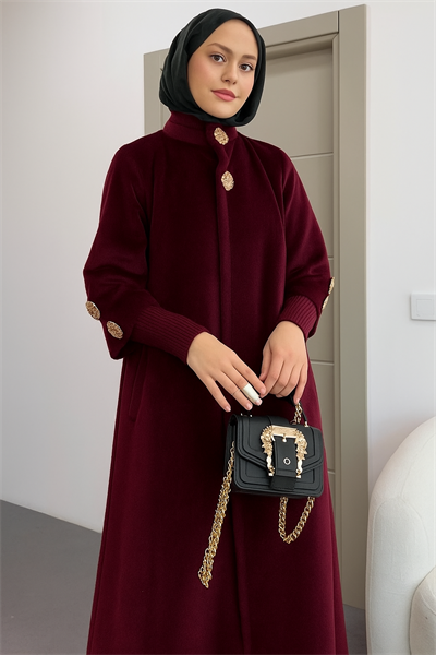 Gold Düğme Detaylı Premium Angora Kaban - Bordo