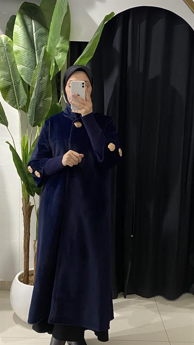 Gold Düğme Detaylı  Premium Angora Kaban - Lacivert