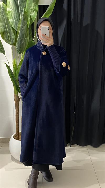 Gold Düğme Detaylı  Premium Angora Kaban - Lacivert