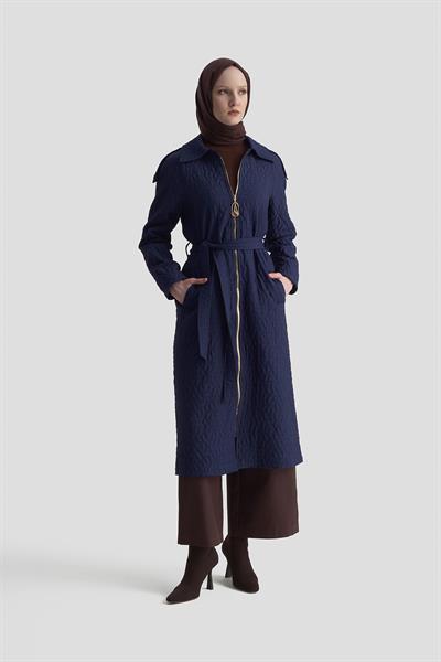 Kabartma Desenli Boydan Fermuarlı Belden Kuşaklı Kap Armine Trend 25KT717