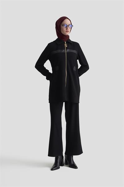 Kendinden Çizgili Pantolonlu Takım Armine Trend 25KT649 - Siyah