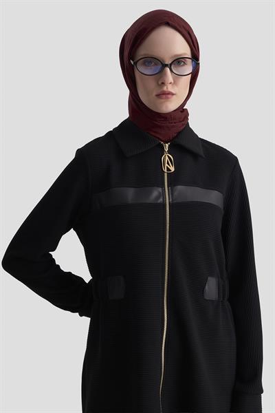 Kendinden Çizgili Pantolonlu Takım Armine Trend 25KT649 - Siyah