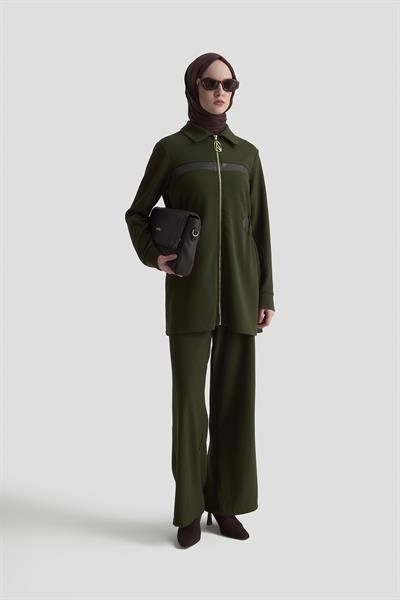 Kendinden Çizgili Pantolonlu Takım Armine Trend 25KT649 - Haki