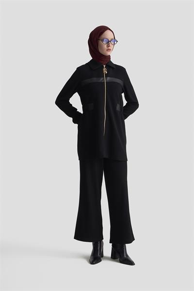 Kendinden Çizgili Pantolonlu Takım Armine Trend 25KT649 - Siyah
