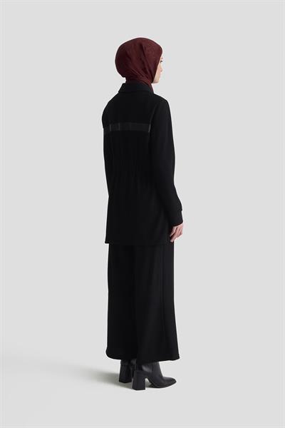 Kendinden Çizgili Pantolonlu Takım Armine Trend 25KT649 - Siyah
