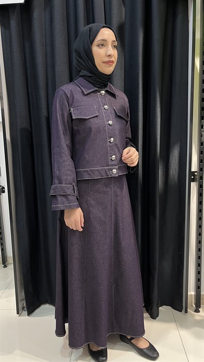 Liva Tensel Denim Ceketli Takım - Bordo