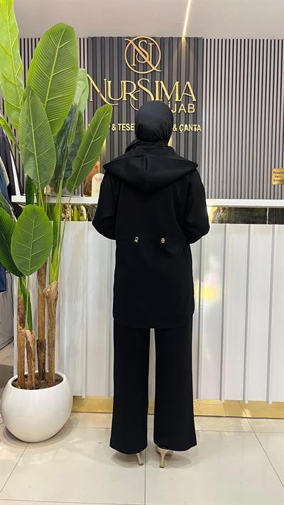 Nure Oysh Kumaş Beli Lastikli Kapüşonlu Pantolonlu Takım Siyah