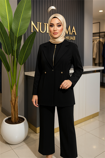 Nure Oysh Kumaş Beli Lastikli Kapüşonlu Pantolonlu Takım Siyah