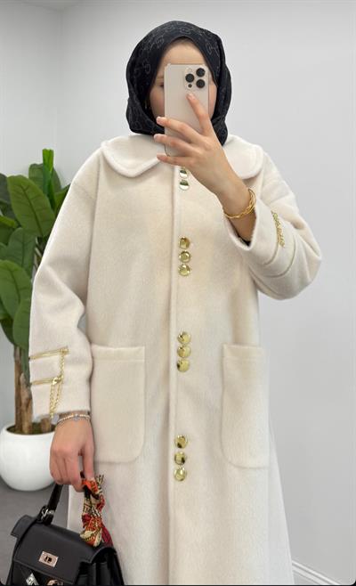 NurElegance Gold Düğmeli Kaban - Ekru 70095