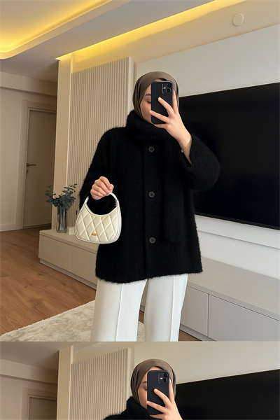 NURVIRA Atkılı Hırka | Nursimahijab Yeni Sezon Trend Siyah