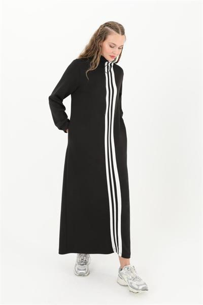 PUANE ELBİSE ÖNÜ ÇİZGİLİ YARIM FERMUARLI