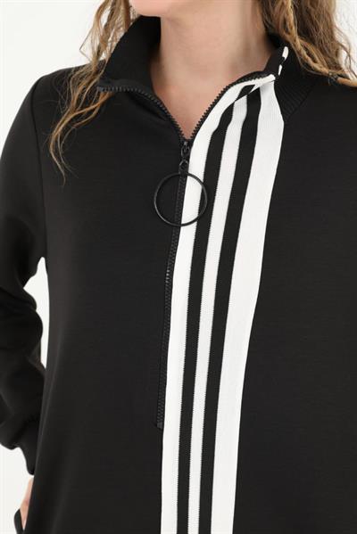 PUANE ELBİSE ÖNÜ ÇİZGİLİ YARIM FERMUARLI