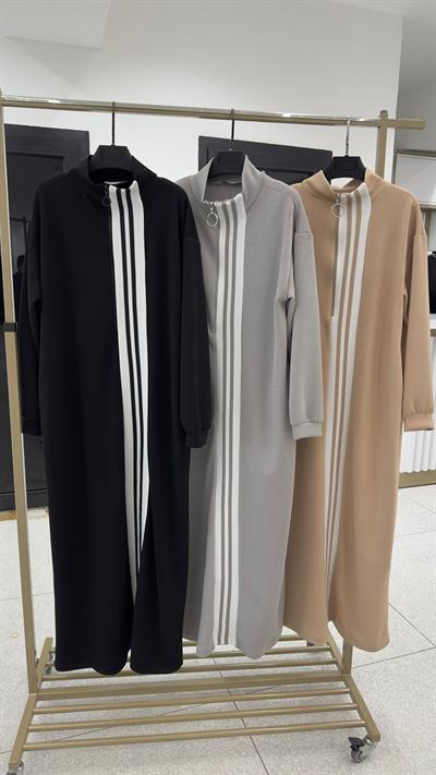 PUANE ELBİSE ÖNÜ ÇİZGİLİ YARIM FERMUARLI