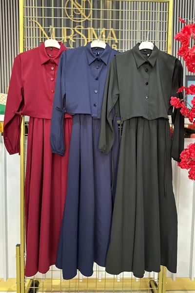 QASTEL GÖMLEK GÖRÜNÜMLÜ İKİLİ ELBİSE SİYAH