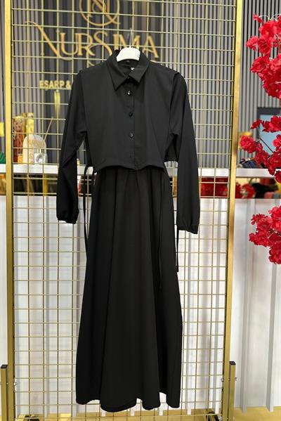 QASTEL GÖMLEK GÖRÜNÜMLÜ İKİLİ ELBİSE SİYAH