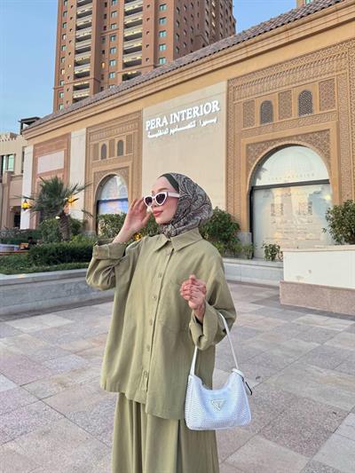 QASTEL YAZLIK KETEN KUMAŞLI ETEKLİ TAKIM haki