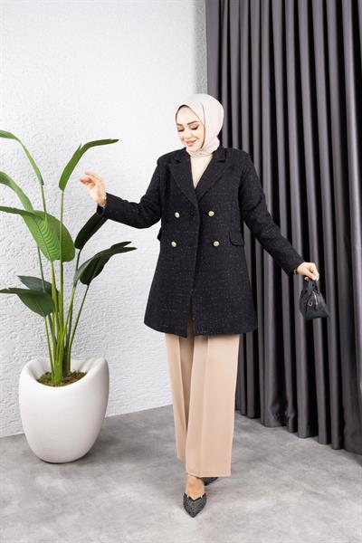 SİMLİ CANEL İÇİ ASTARLI AYŞE AKAY CEKET SİYAH