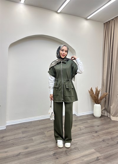 VELONUR BELİ BAĞLAMA DETAYLI YELEKLİ TAKIM - HAKİ