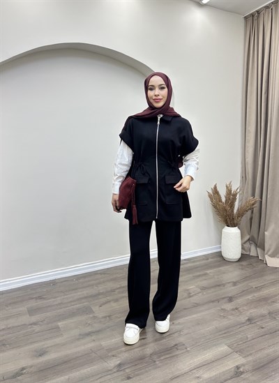VELONUR BELİ BAĞLAMA DETAYLI YELEKLİ TAKIM - SİYAH