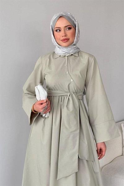 VERA YARIM PATLI BELDEN BAĞLAMALI POPLİN KUMAŞ ELBİSE  bej