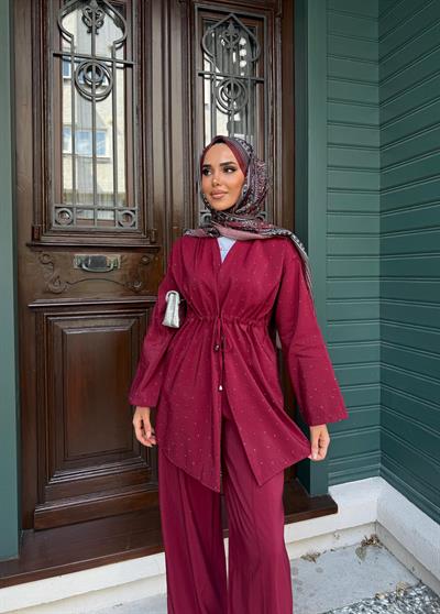 Yaren Işıltılı Pantolonlu Takım - BORDO