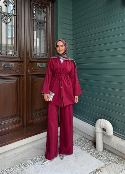 Yaren Işıltılı Pantolonlu Takım - BORDO