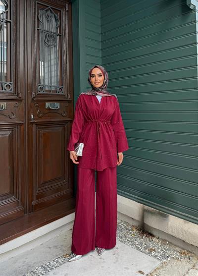 Yaren Işıltılı Pantolonlu Takım - BORDO