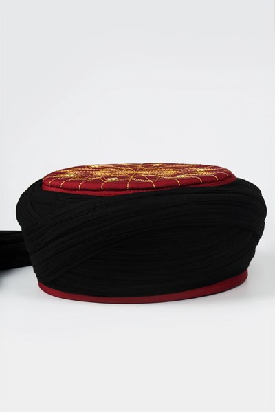 Çocuk Talebe Sarığı - Siyah Kumaş - Bordo Takke - Çapraz Sarım - Kuş Gözü - 6 metre (Züabeli)