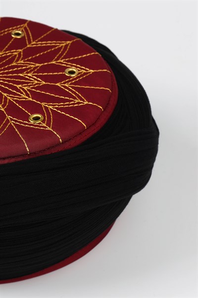 Çocuk Talebe Sarığı - Siyah Kumaş - Bordo Takke - Çapraz Sarım - Kuş Gözü - 6 metre (Züabeli)