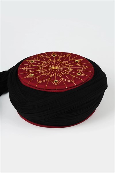 Çocuk Talebe Sarığı - Siyah Kumaş - Bordo Takke - Çapraz Sarım - Kuş Gözü - 6 metre (Züabeli)