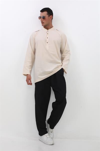 Apolet Detaylı Uzun Keten Gömlek Regular Kalıp