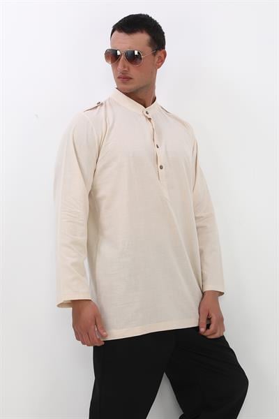 Apolet Detaylı Uzun Keten Gömlek Regular Kalıp