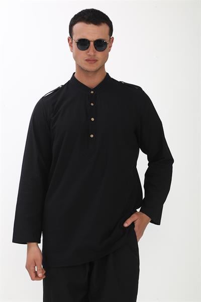 Apolet Detaylı Uzun Keten Gömlek Regular Kalıp