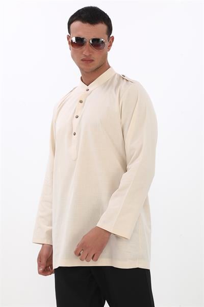 Apolet Detaylı Uzun Keten Gömlek Regular Kalıp