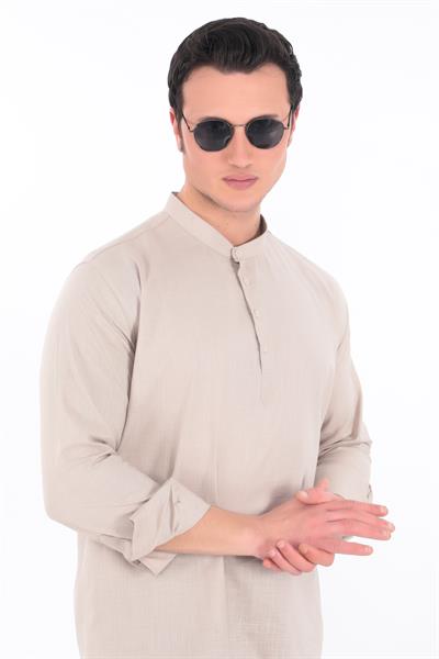 Hakim Yaka 3 Düğmeli Manşetli pamuk keten gömlek